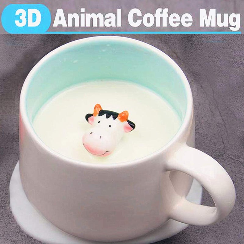 Ponerine Cow Cute Cartoon Mugs 3 pcs Animal Ceramic Coffee Mugs Water Cups with Crafts Porcelain Small Cow and Spoon Celadon Cup, 350ML - Image 3